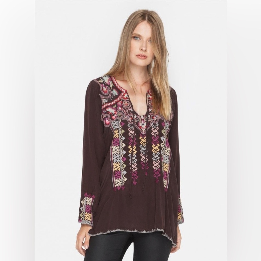 NWOT Johnny Was Shicle Granite Silk Embroidery Blouse Tunic XS